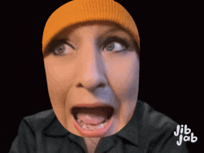 a woman wearing an orange beanie is making a funny face with jib jab written below her