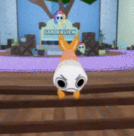 a cartoon character is standing on a wooden floor in a room with a purple rug .