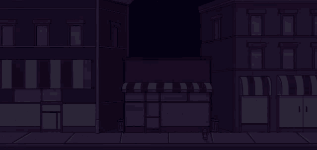 a cartoon drawing of a city street at night with a fire hydrant in the middle