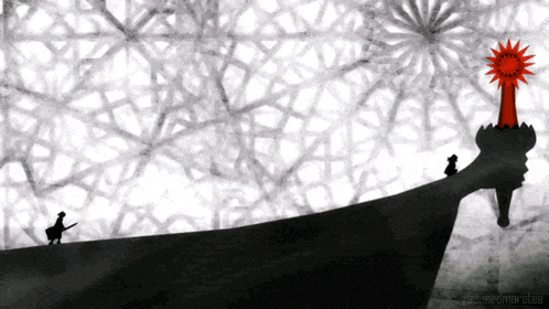 a black and white drawing of a statue of liberty with a red sun in the background