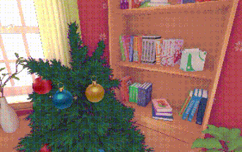 a christmas tree sits in front of a bookshelf with books on it
