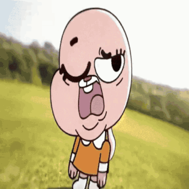 a cartoon character with a bald head is standing in a grassy field