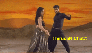 a man and a woman are dancing in front of a sunset with the words thirudan chat on the bottom right
