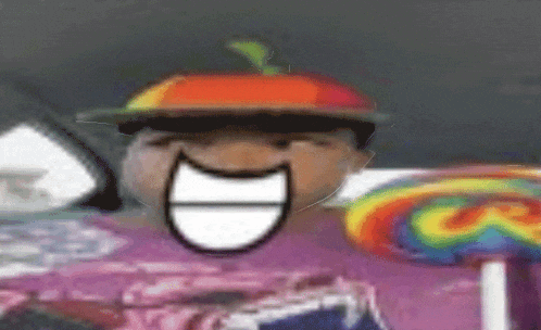 a cartoon character wearing a hat and sunglasses is smiling in front of a rainbow lollipop .