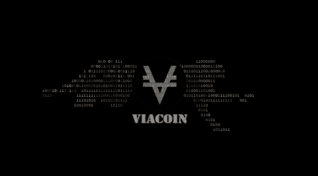 a black background with binary code and the word viacoin at the bottom