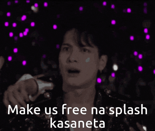 a black and white photo of a man with the words make us free na splash kasaneta below him