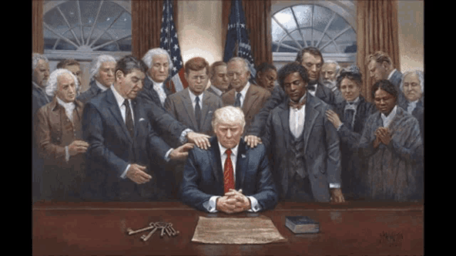 a painting of a man sitting at a desk with a bible and keys on it
