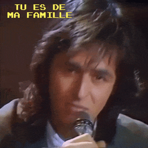 a man singing into a microphone with the words " tu es de ma famille " on the bottom