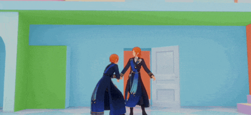 two anime characters are dancing in front of a door