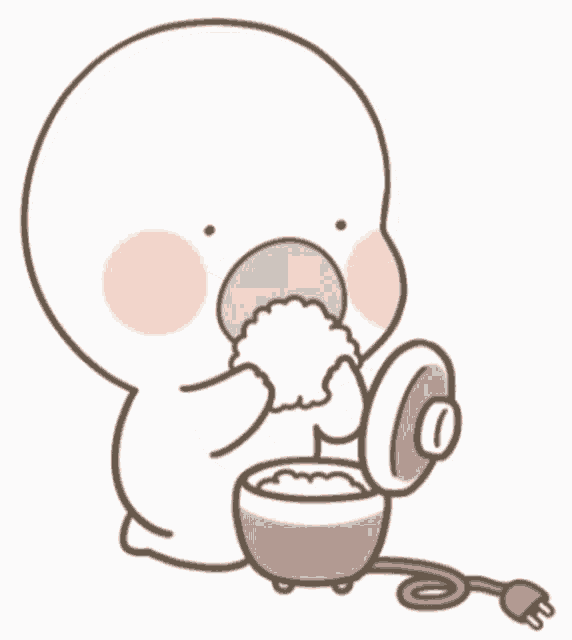 a cartoon of a baby eating rice from a pink bowl