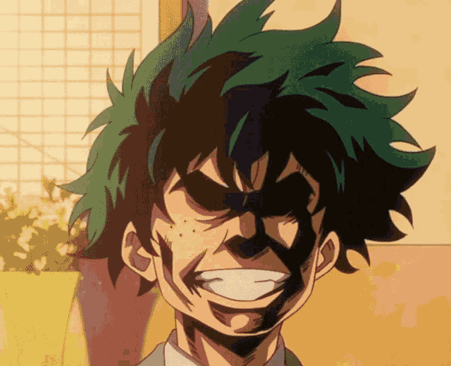 a close up of a cartoon character with green hair and a black face
