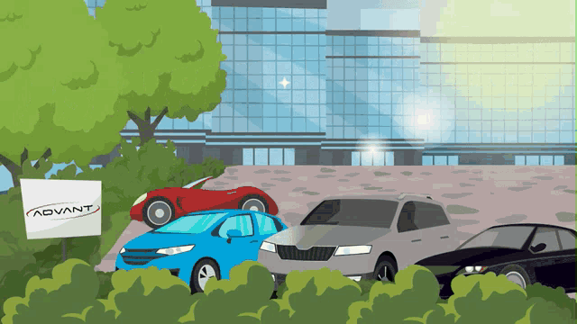 a cartoon illustration of cars parked in front of a building with a sign that says advant