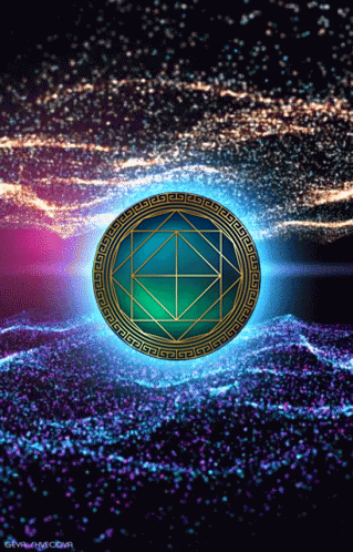 a coin with a greek key design is surrounded by a purple and blue background