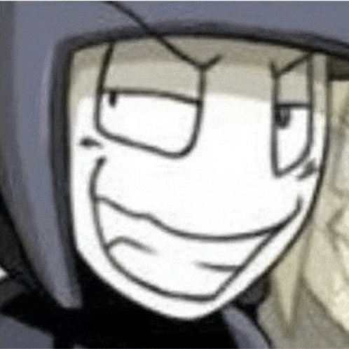 a close up of a cartoon character 's face with glasses and a smiling face .