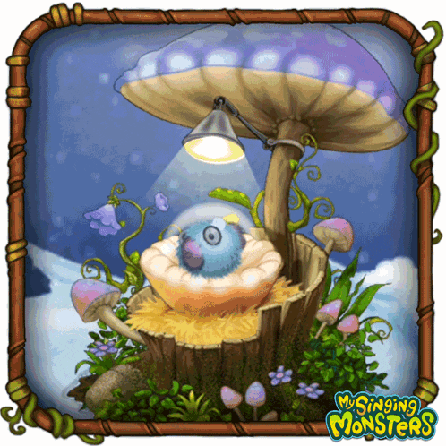 a picture of a mushroom stump with a blue monster in it and the words my singing monsters below it