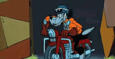 a cartoon wolf is riding a red motorcycle with a helmet on