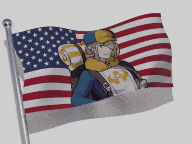 an american flag with a picture of a man with a backpack on it