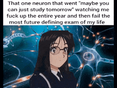 a picture of a girl with glasses in front of a neuron that says " that one neuron that went "