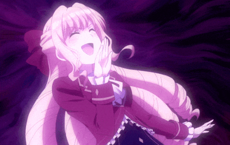 a girl with long pink hair is laughing in a purple background