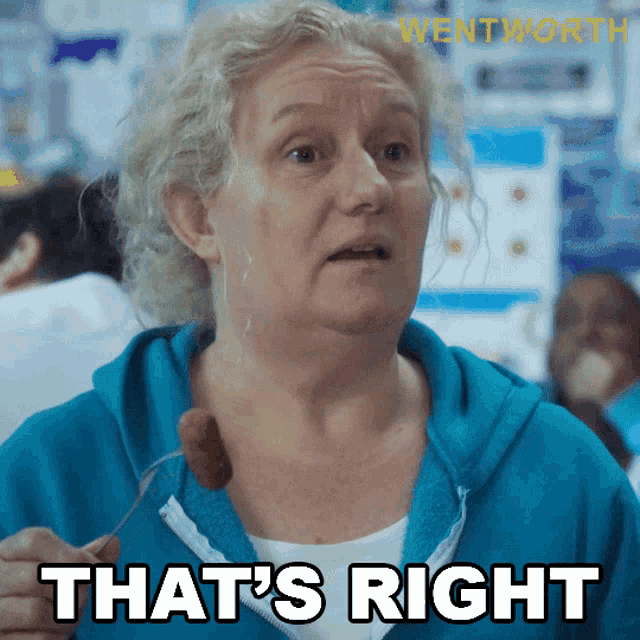a woman in a blue sweatshirt is holding a fork and the words that 's right are above her