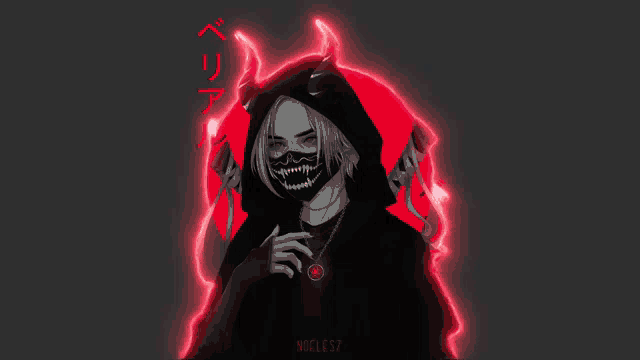 a black and white drawing of a person with horns and a mask on their face .