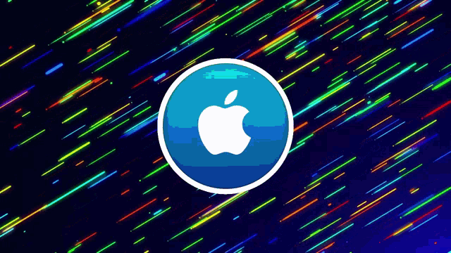 an apple logo in a blue circle on a rainbow background