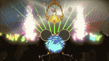 a cartoon drawing of mickey mouse 's head surrounded by colorful lights