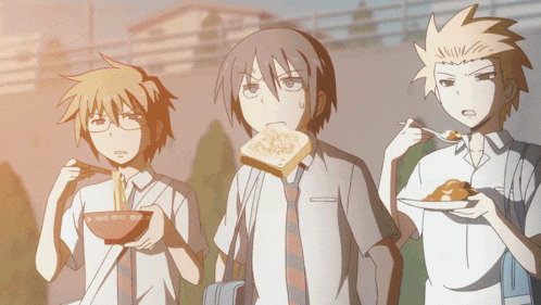 three anime characters are eating food and one has a bowl of noodles