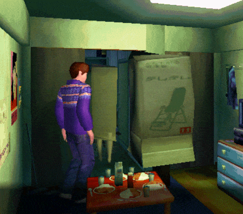 a man in a purple sweater stands in front of a cardboard box that says ' adjustable ' on it
