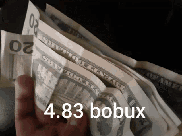 a hand holding a stack of 20 dollar bills with the number 4.84 bobux written on the bottom