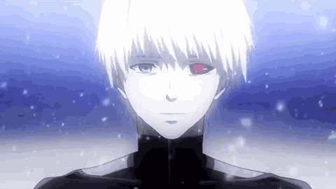 a close up of a person with white hair and red eyes in a snowy scene .