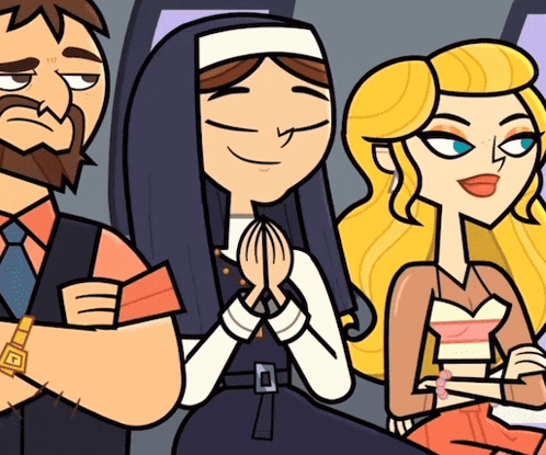 a cartoon of a man a nun and a blonde woman with their eyes closed