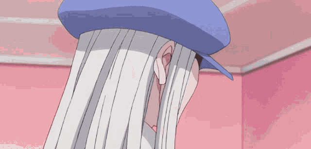 a person with long white hair and a blue hat