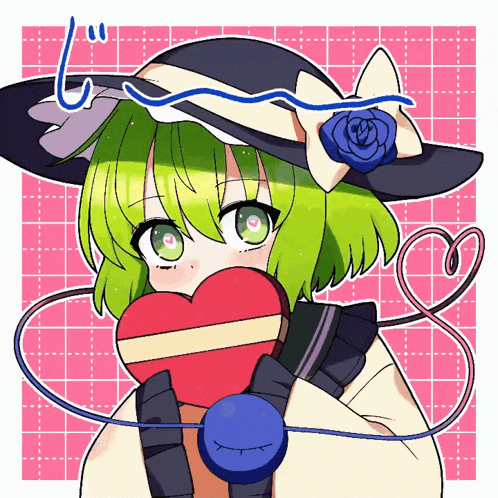 a girl with green hair is holding a heart in front of her mouth