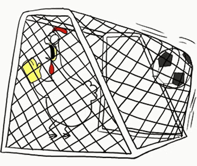 a cartoon drawing of a goal with a soccer ball coming out of it