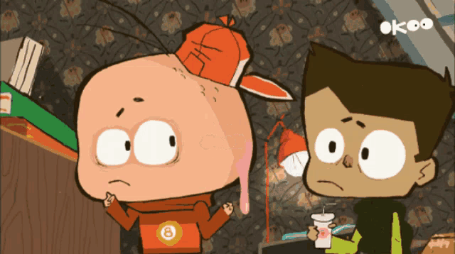 two cartoon characters are standing next to each other with the word ok on the bottom left