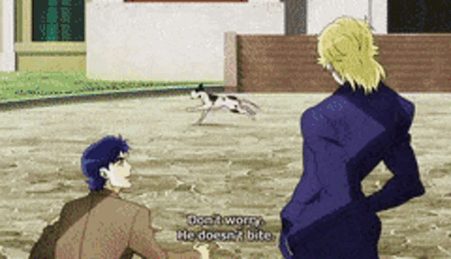 a man is talking to another man while a dog runs by