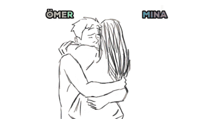 a black and white drawing of a man hugging a woman with the names omer and mina written above them