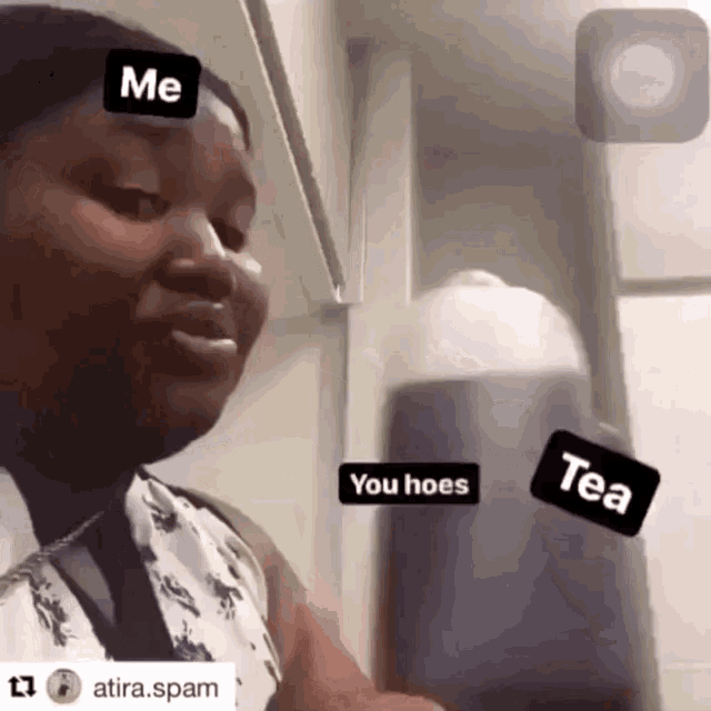 a woman with a sticker on her face that says me you hoes tea