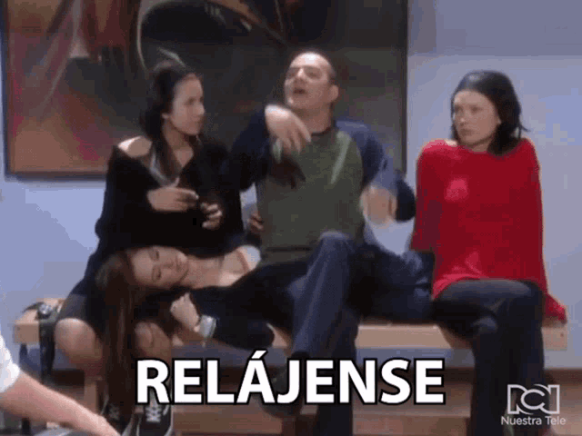 a group of people are sitting on a bench and the word relajese is on the bottom