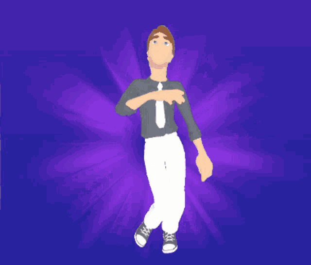 a cartoon of a man with his arms outstretched and a purple background