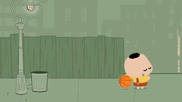 a cartoon of a man standing next to a trash can