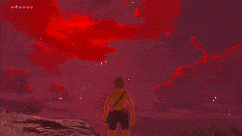 a video game scene with a red sky and a blood moon rising .