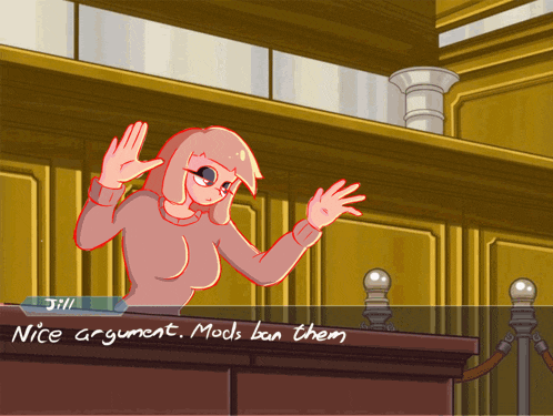 a cartoon of a woman in a courtroom with the words " price argument mods ban them " written on the bottom