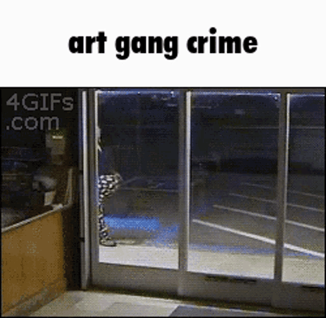 a picture of a person standing in a doorway with the words art gang crime written above it