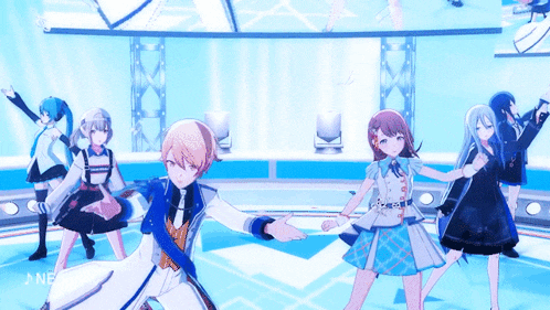 a group of anime characters are dancing on a stage in front of a blue background
