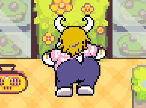 a pixel art of a cartoon character with horns dancing