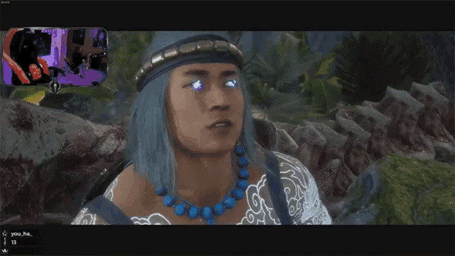 a video game screen shows a man with blue eyes and a purple background