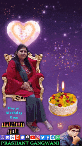 a picture of a woman sitting in a chair with a birthday cake in front of her