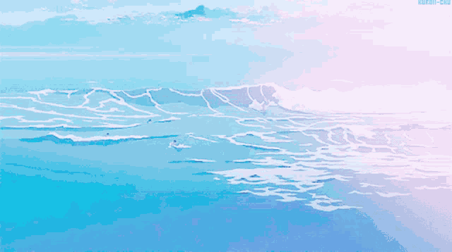 a painting of a person in a boat in the ocean with a pink and blue sky